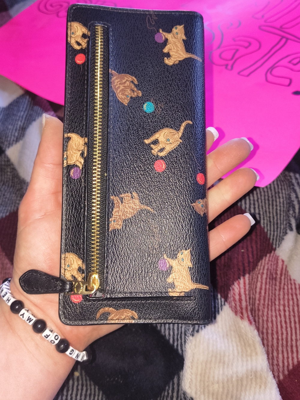 COACH Black Leather Continental Wallet with Tan Cat Print and Multicolor Dots - Picture 4 of 4